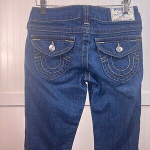 True Religion Women's Dark Wash Flare Leg Low Rise Jeans Size 26 Twisted Seam